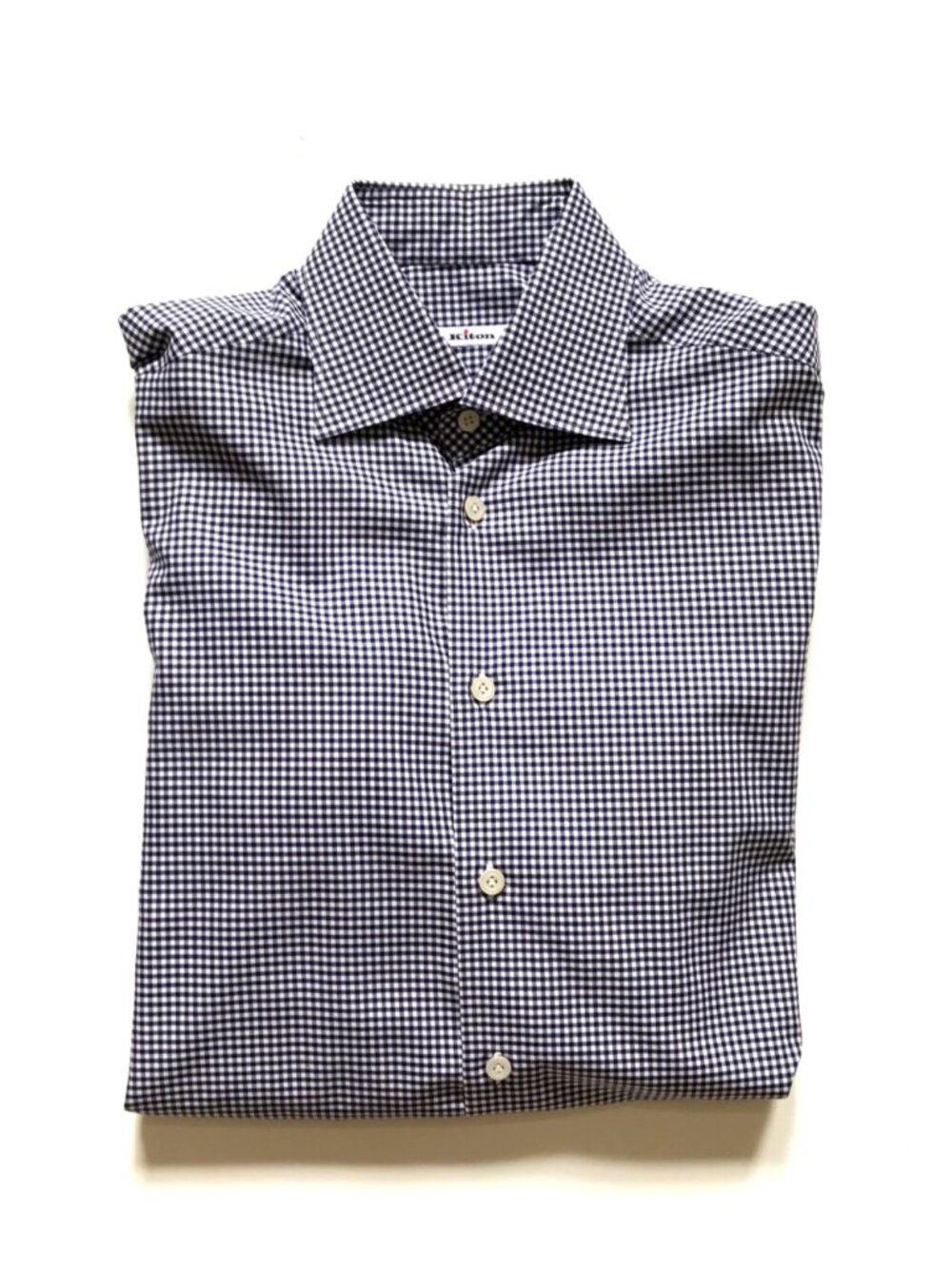 KITON Button Down Sport Shirt Mens 40 16 Navy Blue White Check Cotton Gingham